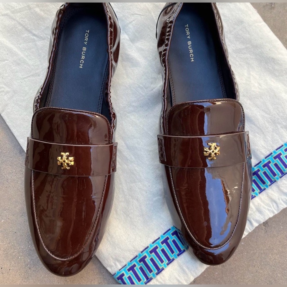 Tory Burch Brown Patent Leather Penny Loafers with Gold Logo